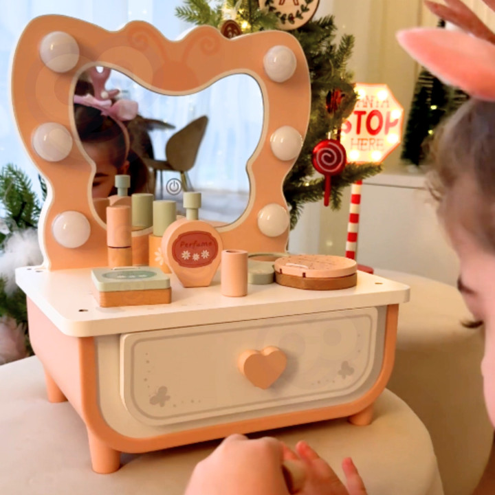 TOOKY TOY Drewniana Toaletka Motylek Akcesoria Lustro z Oświetleniem L