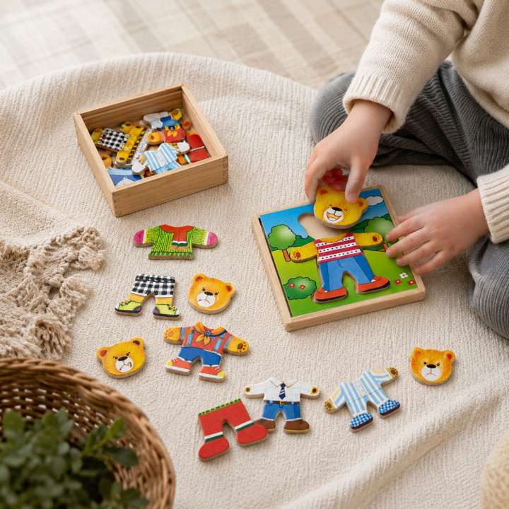 VIGA Drewniane Puzzle Układanka Edukacyjna Ubierz Misia Chłopca