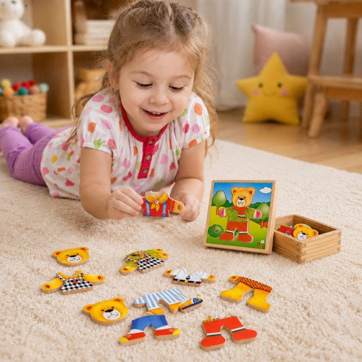 VIGA Drewniane Puzzle Układanka Edukacyjna Ubierz Misia Chłopca