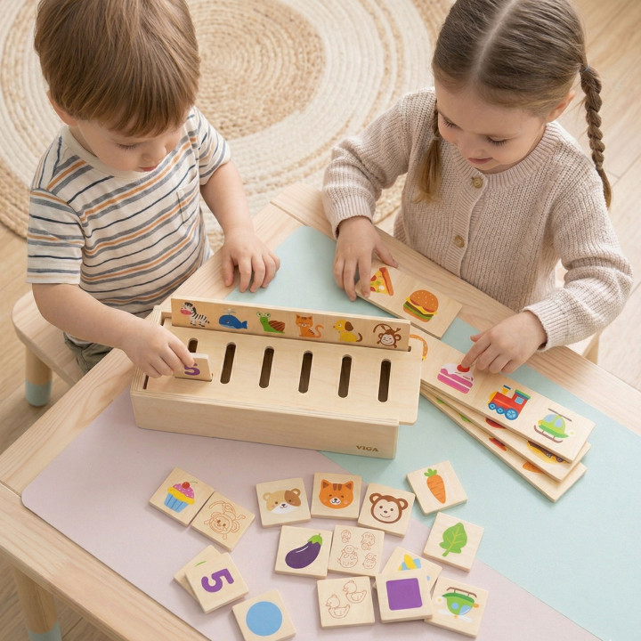 VIGA Drewniany Edukacyjny Sorter Gra Zwierzątka Owoce Warzywa Montesso
