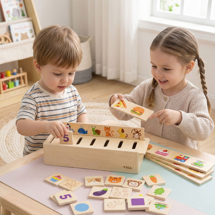 VIGA Drewniany Edukacyjny Sorter Gra Zwierzątka Owoce Warzywa Montesso