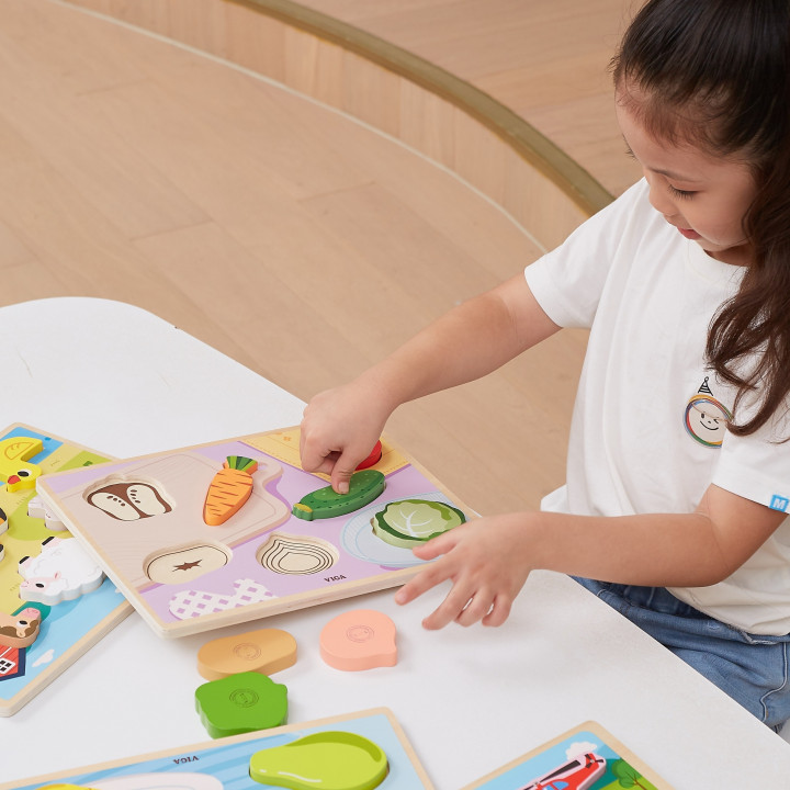 VIGA Drewniane Puzzle Układanka Montessori 2w1 Figurki Warzywa Edukacy