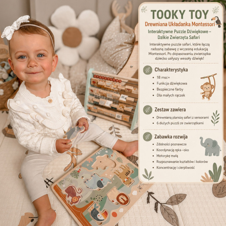 TOOKY TOY Drewniana Układanka Montessori Interaktywne Puzzle Dźwiękowe