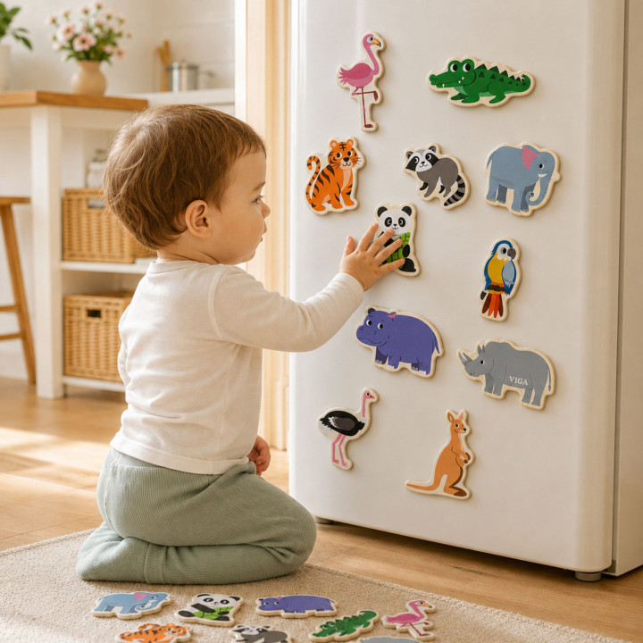 VIGA Drewniane Magnesy Dzikie Zwierzęta – Kolorowe Magnesy Edukacyjne 