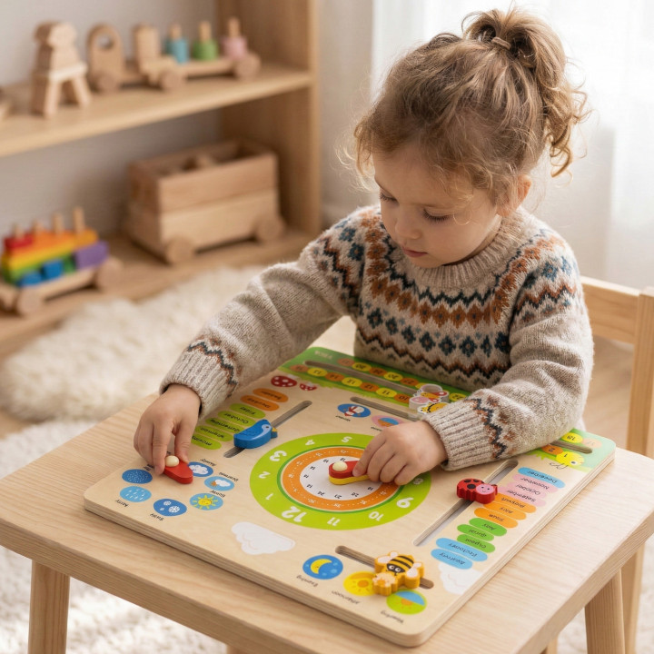 VIGA Drewniany Kalendarz Edukacyjny Zegar Nauka Angielskiego Montessor