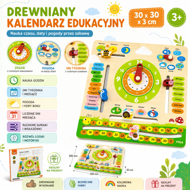 VIGA Drewniany Kalendarz Edukacyjny Zegar Nauka Angielskiego Montessor