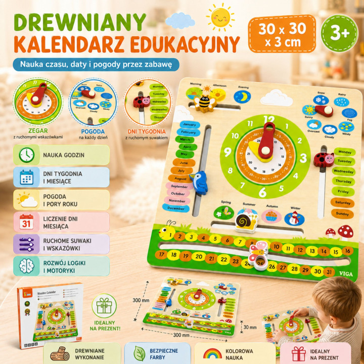 VIGA Drewniany Kalendarz Edukacyjny Zegar Nauka Angielskiego Montessor