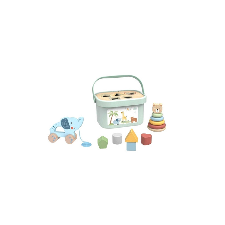 WOOPIE GREEN Pudełko Sorter Box 3w1 Klocki Piramidka Słonik FSC