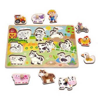 WOOPIE GREEN Drewniane Puzzle Montessori Farma z Pinezkami Do Dopasowa