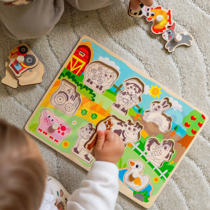 WOOPIE GREEN Drewniane Puzzle Montessori Farma z Pinezkami Do Dopasowa