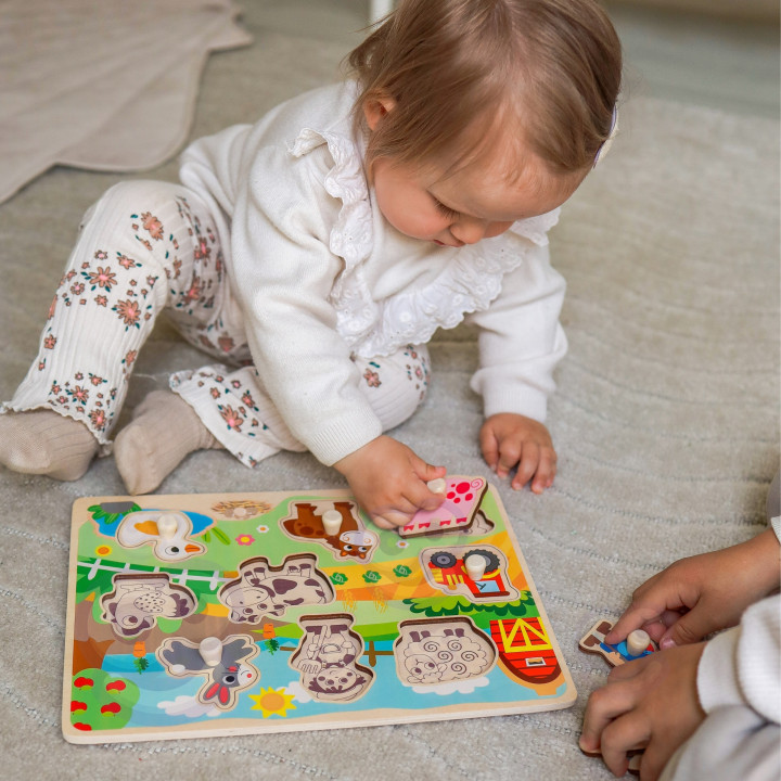 WOOPIE GREEN Drewniane Puzzle Montessori Farma z Pinezkami Do Dopasowa
