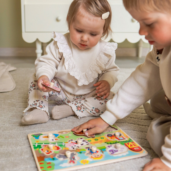 WOOPIE GREEN Drewniane Puzzle Montessori Farma z Pinezkami Do Dopasowa