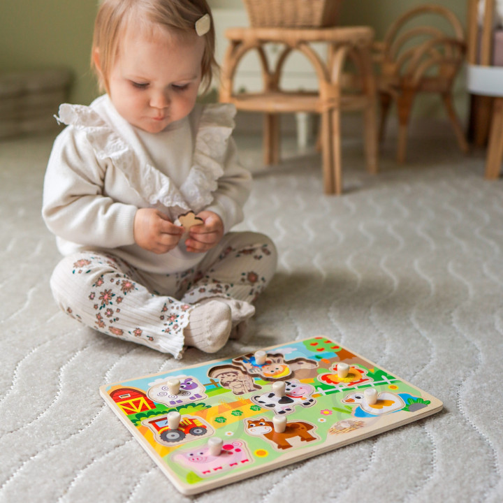 WOOPIE GREEN Drewniane Puzzle Montessori Farma z Pinezkami Do Dopasowa