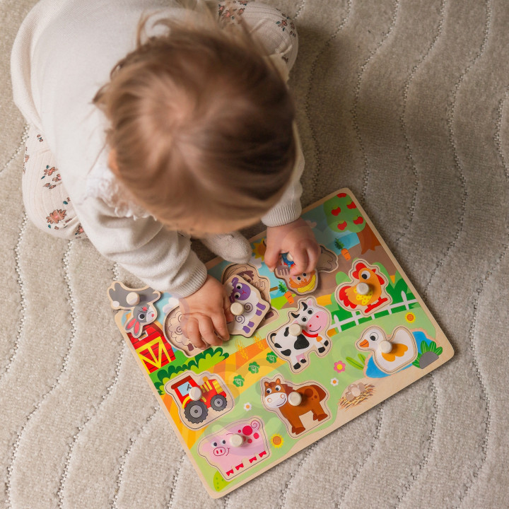 WOOPIE GREEN Drewniane Puzzle Montessori Farma z Pinezkami Do Dopasowa