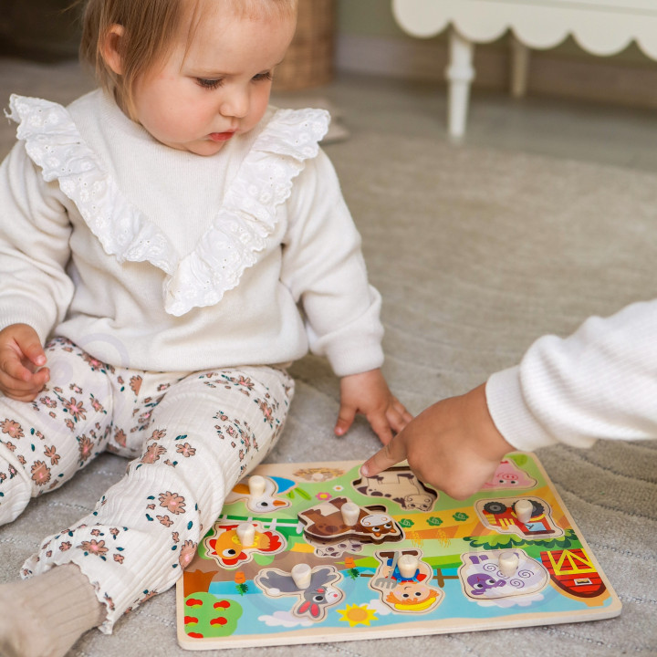 WOOPIE GREEN Drewniane Puzzle Montessori Farma z Pinezkami Do Dopasowa