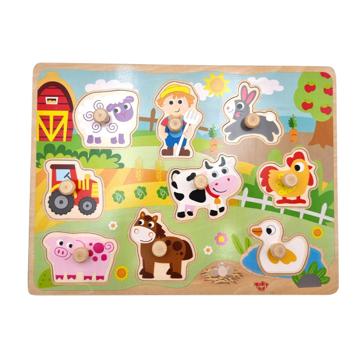 WOOPIE GREEN Drewniane Puzzle Montessori Farma z Pinezkami Do Dopasowa