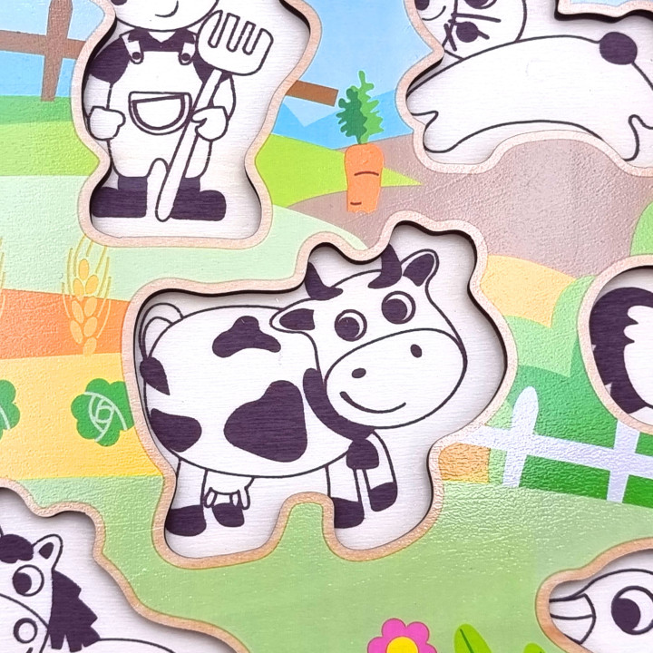 WOOPIE GREEN Drewniane Puzzle Montessori Farma z Pinezkami Do Dopasowa