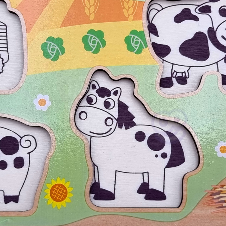 WOOPIE GREEN Drewniane Puzzle Montessori Farma z Pinezkami Do Dopasowa