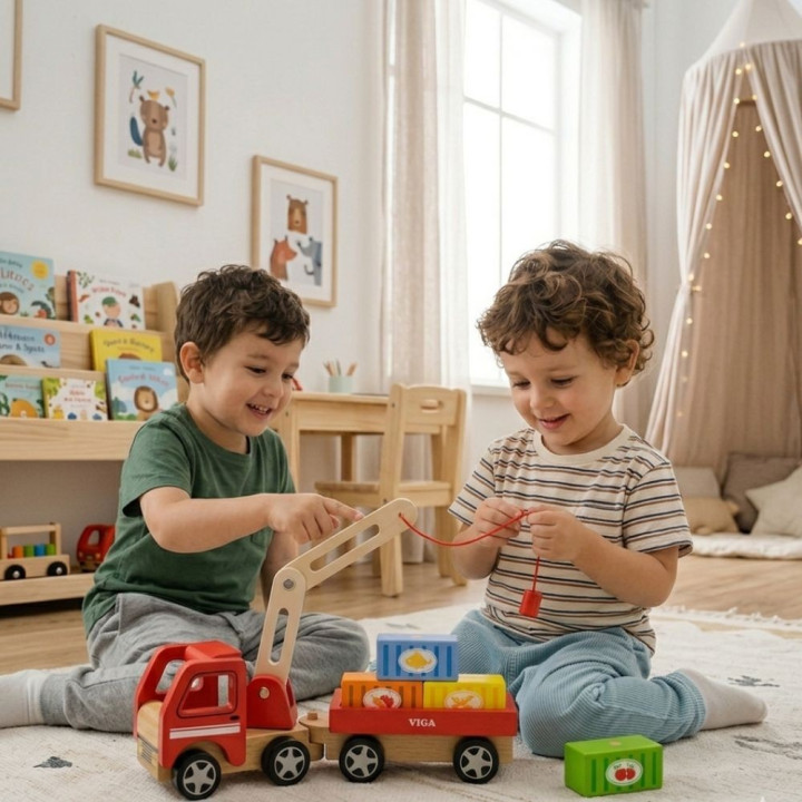 VIGA Drewniany Dźwig Samochód Ciężarówka z Kontenerami Magnes Montesso