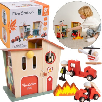 CLASSIC WORLD Remiza Strażacka Drewniana Garaż Auto Helikopter Figurki