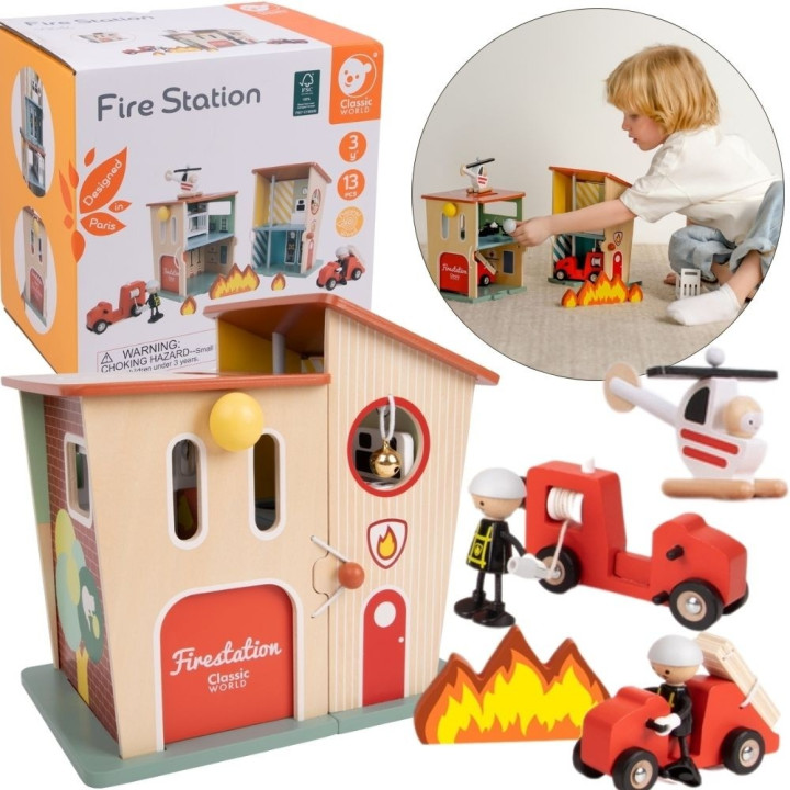 CLASSIC WORLD Remiza Strażacka Drewniana Garaż Auto Helikopter Figurki