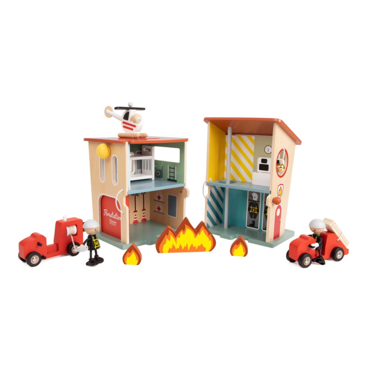 CLASSIC WORLD Remiza Strażacka Drewniana Garaż Auto Helikopter Figurki