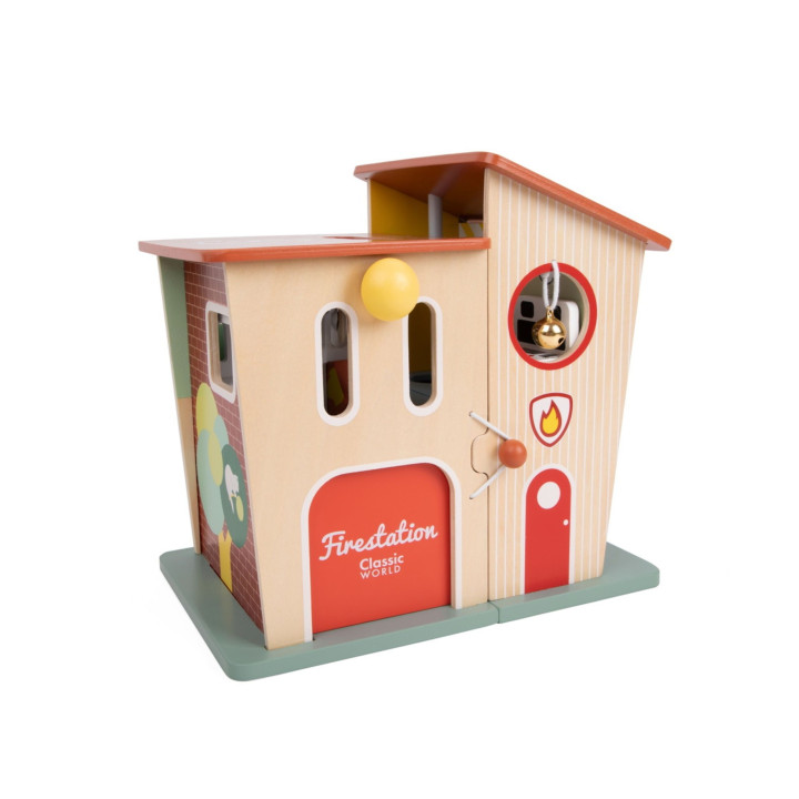 CLASSIC WORLD Remiza Strażacka Drewniana Garaż Auto Helikopter Figurki