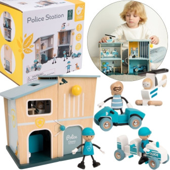 CLASSIC WORLD Posterunek Policji Drewniany Samochód Helikopter FIgurki