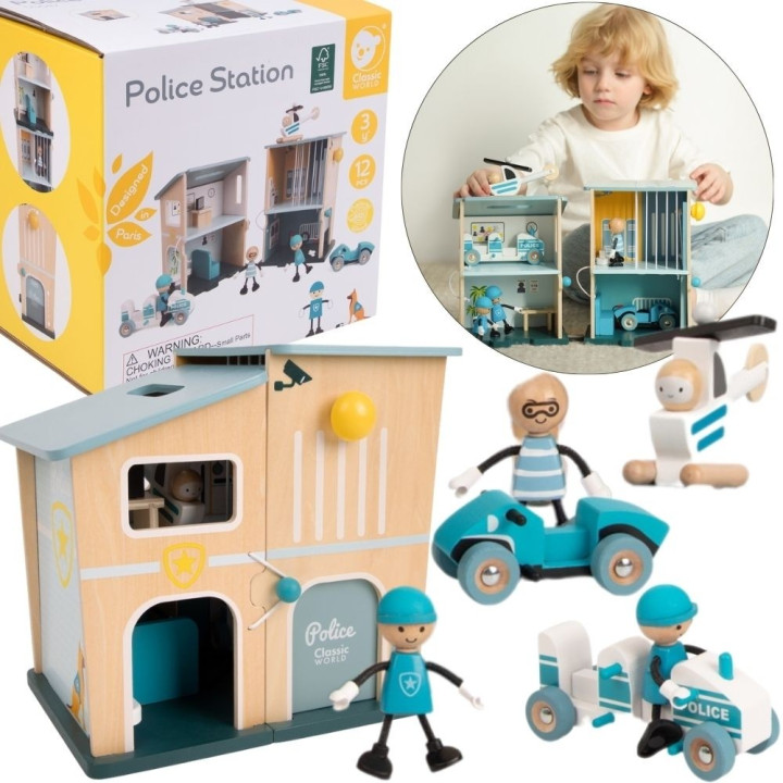 CLASSIC WORLD Posterunek Policji Drewniany Samochód Helikopter FIgurki