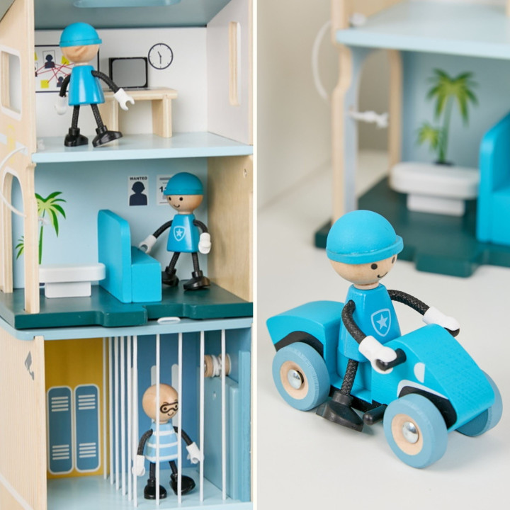 CLASSIC WORLD Posterunek Policji Drewniany Samochód Helikopter FIgurki