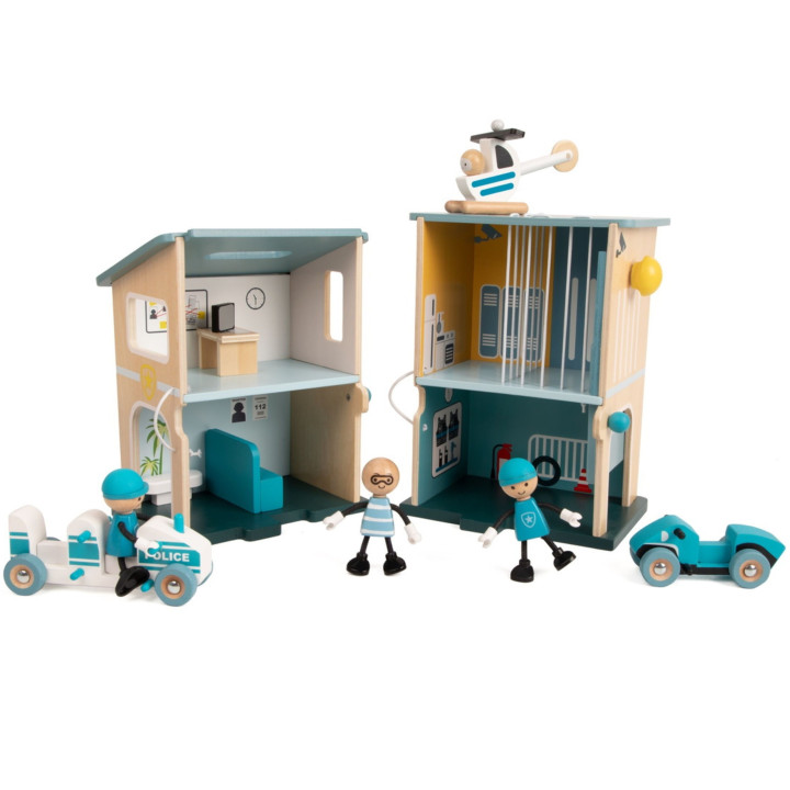 CLASSIC WORLD Posterunek Policji Drewniany Samochód Helikopter FIgurki