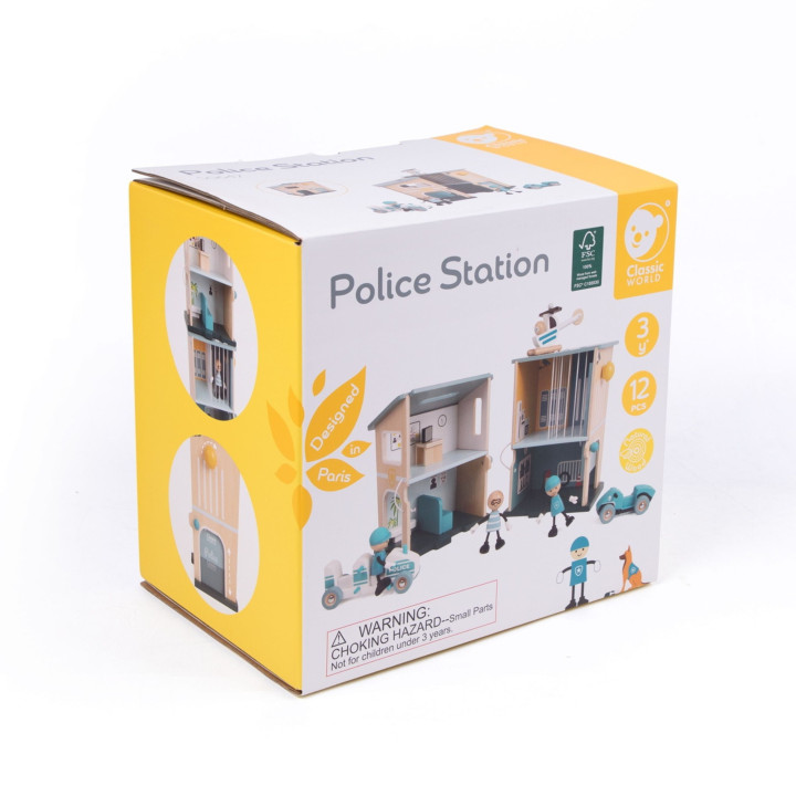 CLASSIC WORLD Posterunek Policji Drewniany Samochód Helikopter FIgurki