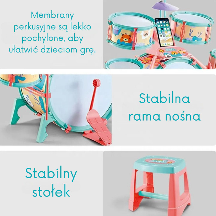 WOOPIE Perkusja Edukacyjna dla Dzieci 5 Bębnów 1 Talerz + Taboret z Mo