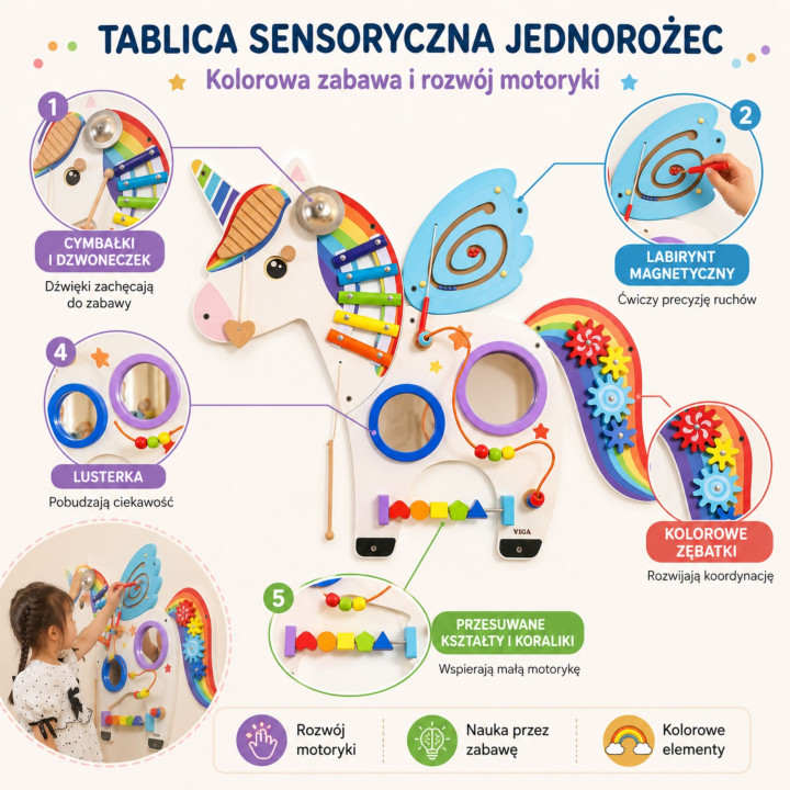 VIGA Drewniana Tablica Sensoryczna Manipulacyjna Jednorożec Certyfikat