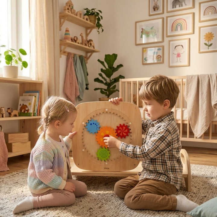 VIGA Drewniana Tablica Manipulacyjna Ścienna KOŁA ZĘBATE Montessori
