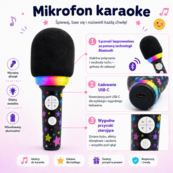 WOOPIE Bezprzewodowy Mikrofon Do Karaoke Z Głośnikiem Czarny BT