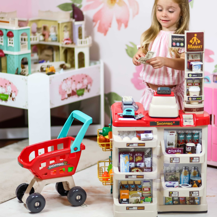WOOPIE Sklep Supermarket z Wózkiem Sklepowym Waga Kasa Skaner + 48 Akc
