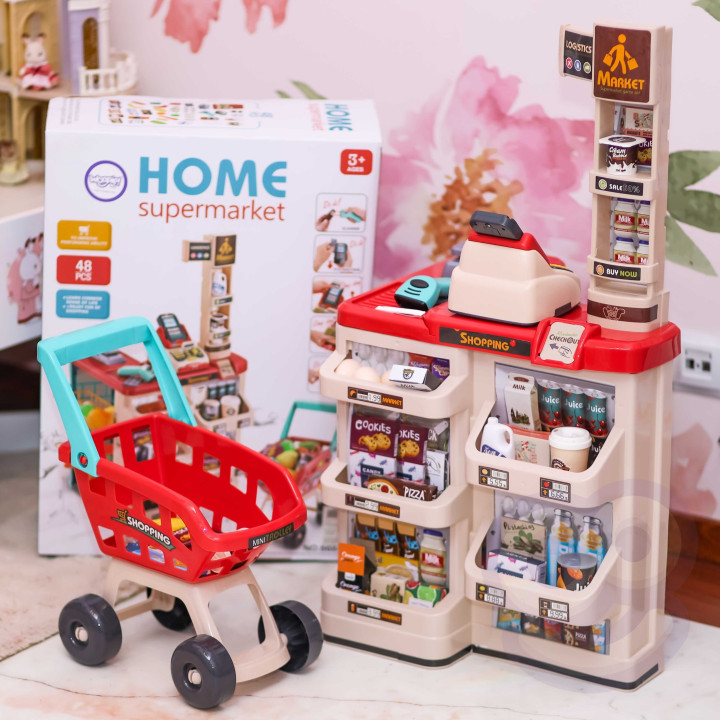 WOOPIE Sklep Supermarket z Wózkiem Sklepowym Waga Kasa Skaner + 48 Akc