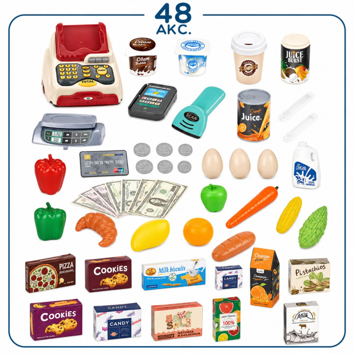 WOOPIE Sklep Supermarket z Wózkiem Sklepowym Waga Kasa Skaner + 48 Akc