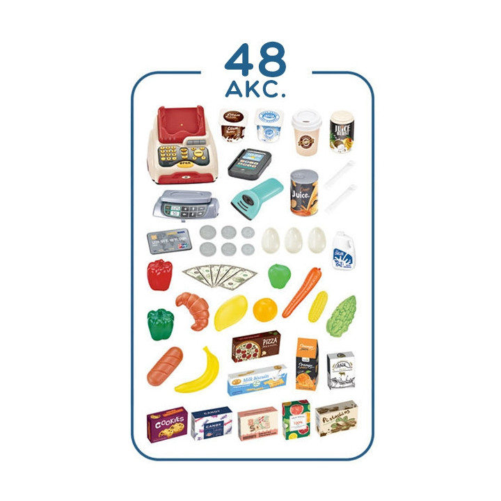 WOOPIE Sklep Supermarket z Wózkiem Waga Kasa Skaner + 48 Akc.