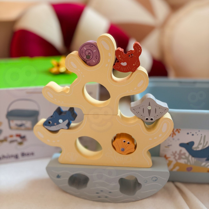 TOOKY TOY Drewniany Zestaw Morskich Zabawek Wieża Balansująca Łowienie