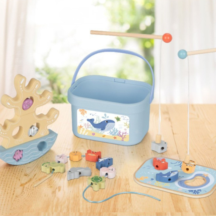 TOOKY TOY Drewniany Zestaw Morskich Zabawek Wieża Balansująca Łowienie
