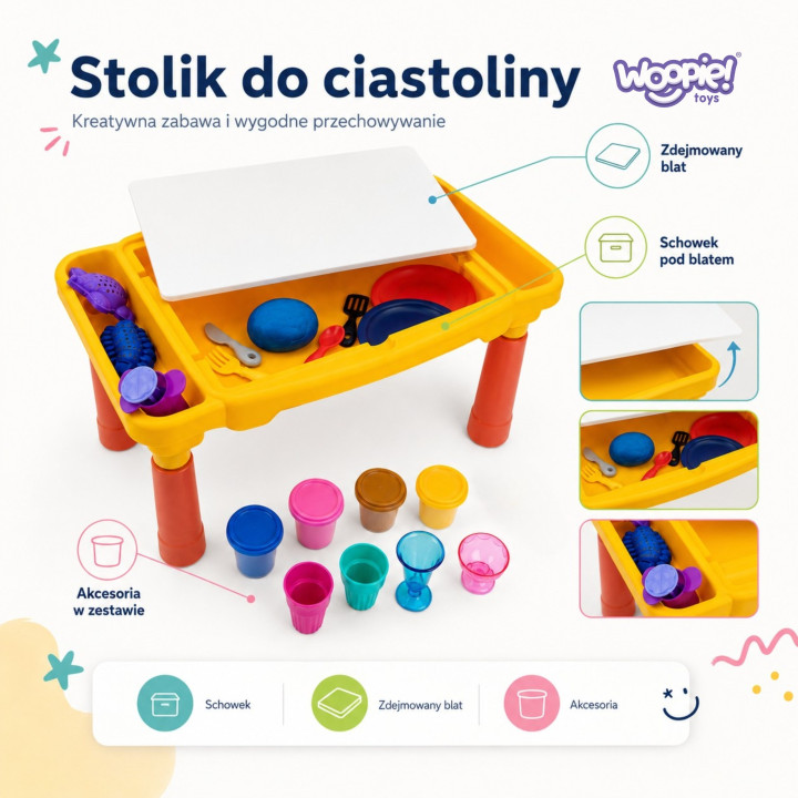 
						WOOPIE Kreatywny Stolik z Ciastoliną Schowki Foremki 40 el
					