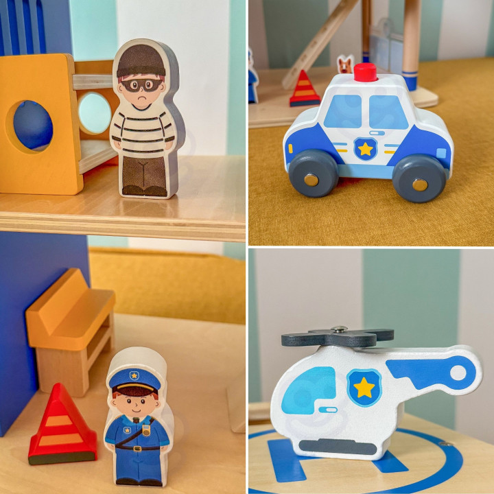 VIGA Drewniany Komisariat Policji Radiowóz Zestaw Domek 3 poziomy 14 e