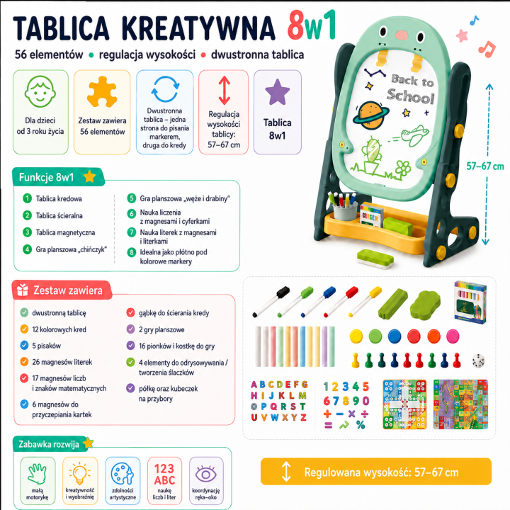 WOOPIE Dwustronna Tablica Magnetyczna do Rysowania i Nauki Liczb oraz 