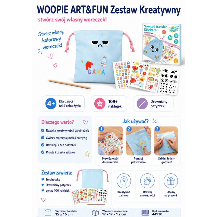 WOOPIE ART&FUN Zestaw Kreatywny Zrób Torebkę Dekorowanie Woreczka Imię