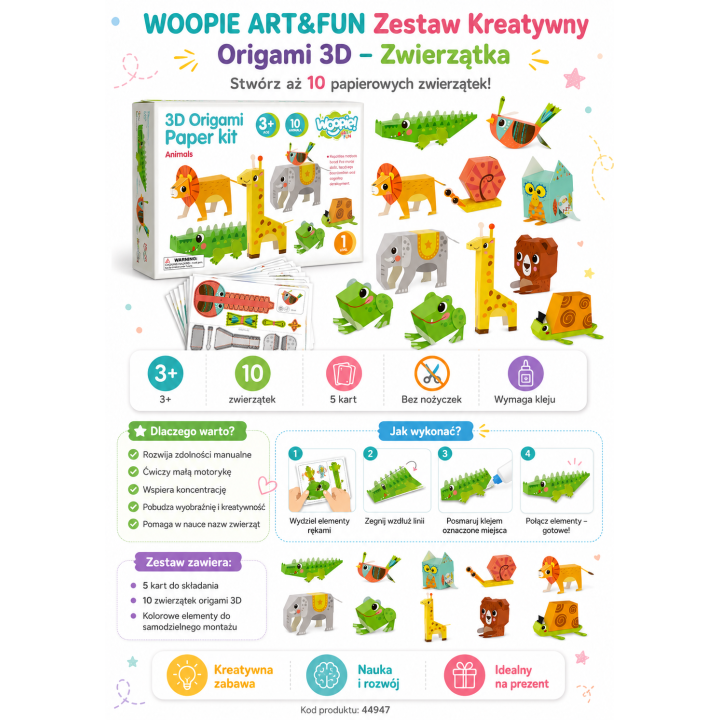 WOOPIE ART&FUN Zestaw Kreatywny Origami 3D Zrób to Sam 10 Zwierzaków