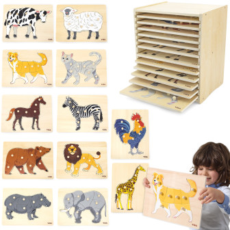 VIGA Zestaw Puzzle Drewniane 12 Układanek Zwierzątka Montessori + Stoj