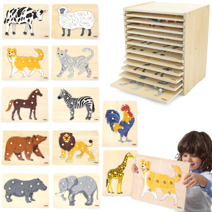 VIGA Zestaw Puzzle Drewniane 12 Układanek Zwierzątka Montessori + Stoj