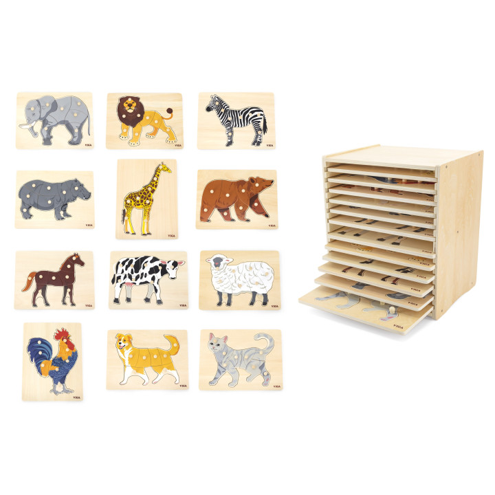 VIGA Zestaw Puzzle Drewniane 12 Układanek Zwierzątka Montessori + Stoj